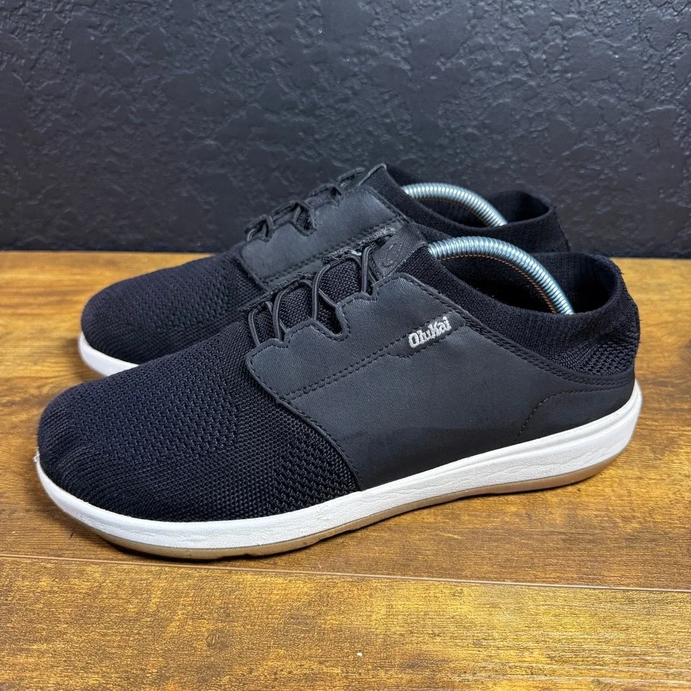 OluKai Makia Ulana Kai 10394-4040 Black Leather Textile Sneakers Mens Size 9.5M